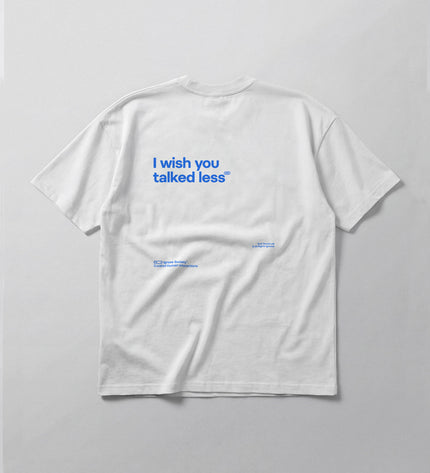 White t-shirt with blue text on a gray background