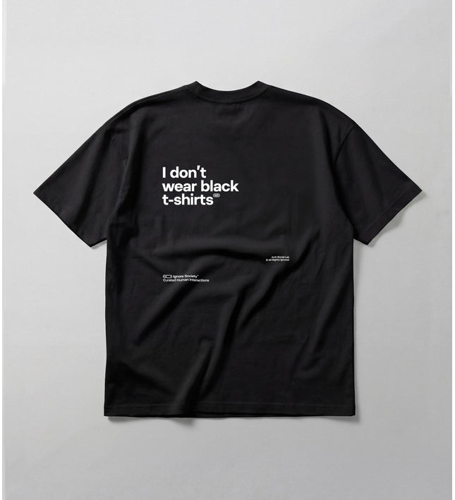 Black t-shirt with white text on a gray background
