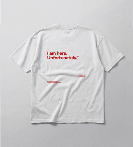 White t-shirt with red text on a gray background
