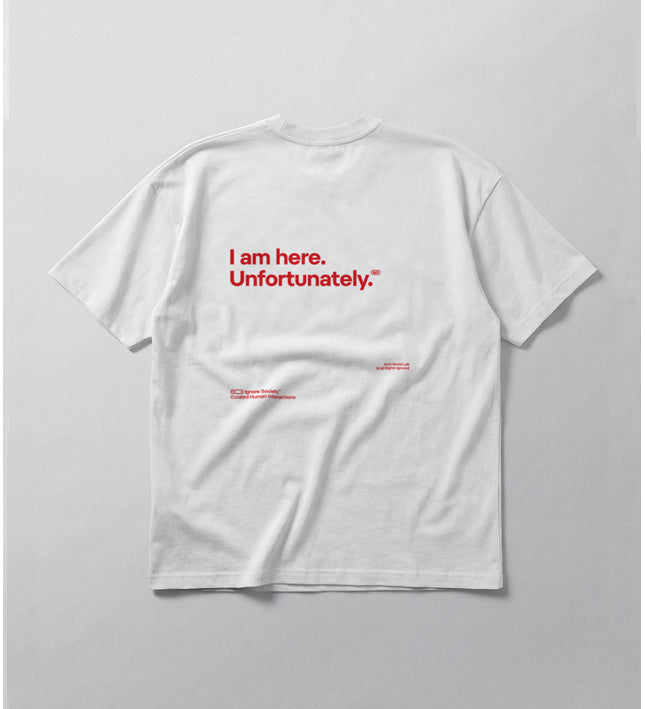 White t-shirt with red text on a gray background
