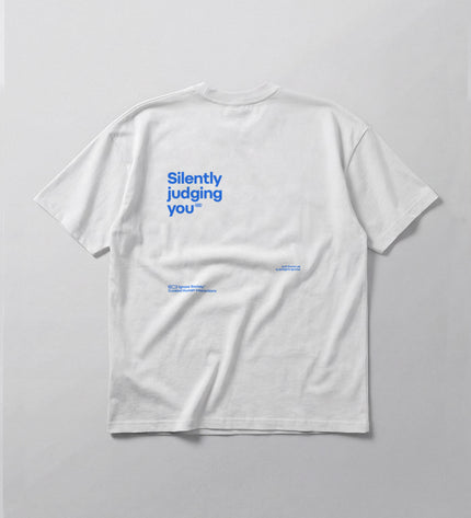 White t-shirt with blue text on a gray background