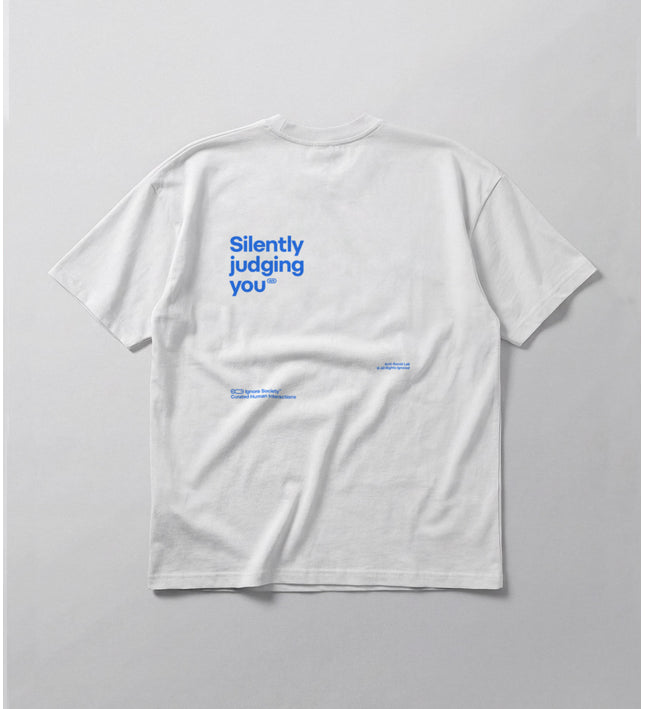 White t-shirt with blue text on a gray background