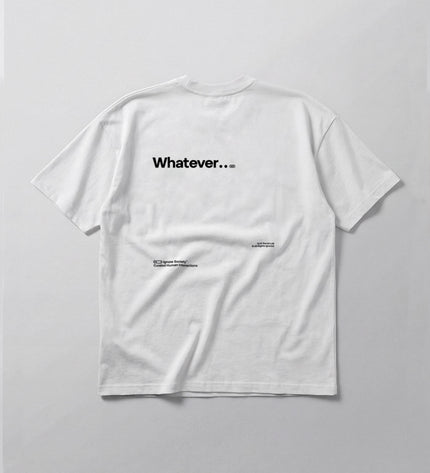 White t-shirt with 'Whatever...' text on a light gray background