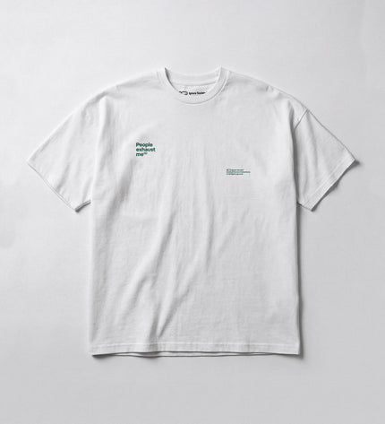 White t-shirt with text on a light gray background