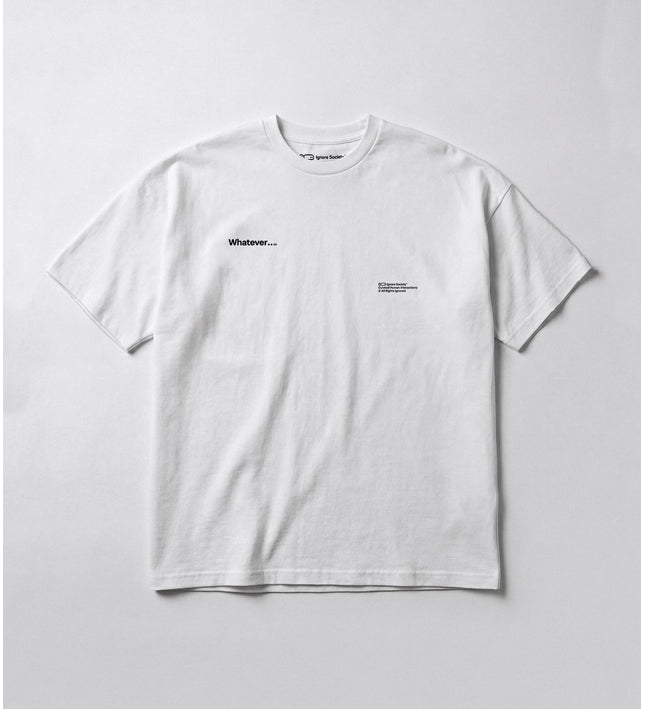 White t-shirt with text on a light gray background