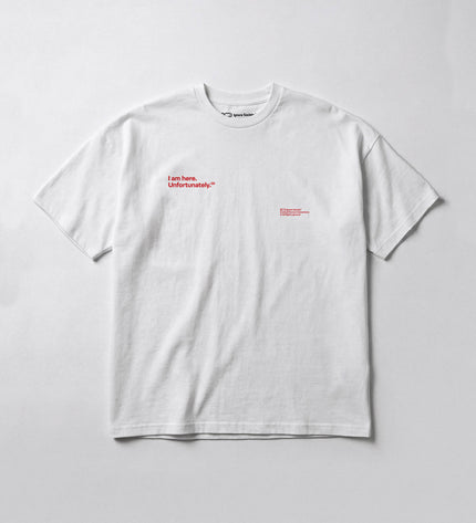 White t-shirt with red text on a light gray background