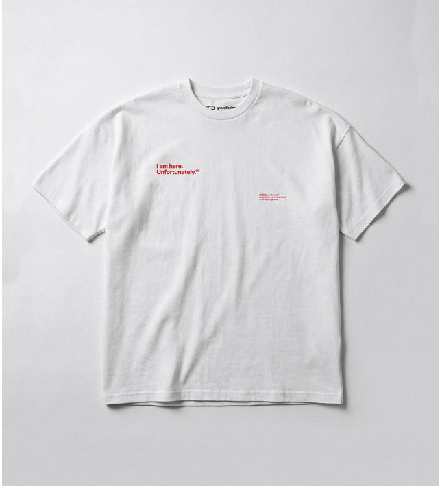 White t-shirt with red text on a light gray background