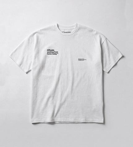 White t-shirt with black text on a light gray background