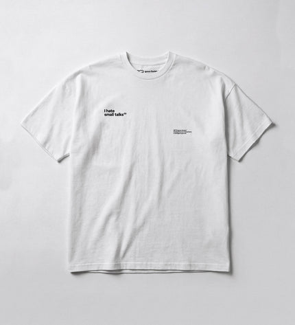 White t-shirt with text on a light gray background