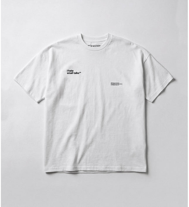 White t-shirt with text on a light gray background