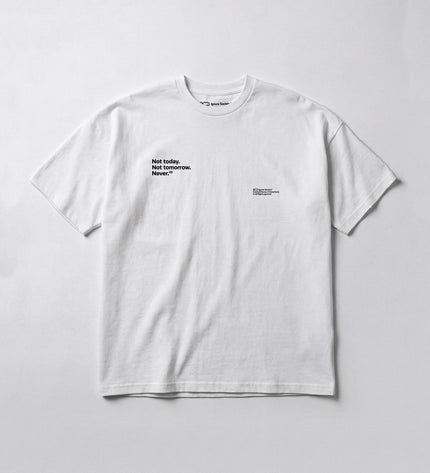 White t-shirt with black text on a light gray background