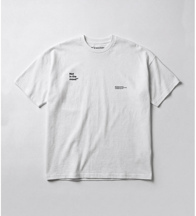 White t-shirt with black text on a light gray background