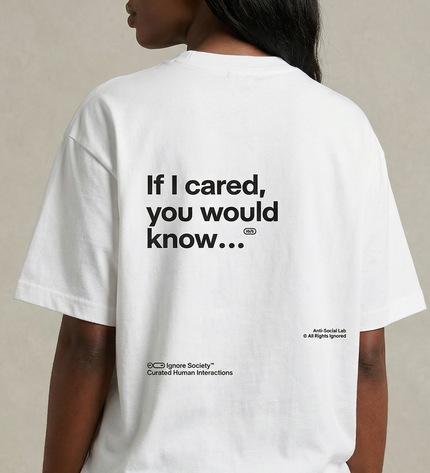 White t-shirt with black text on the back, worn by a person against a neutral background