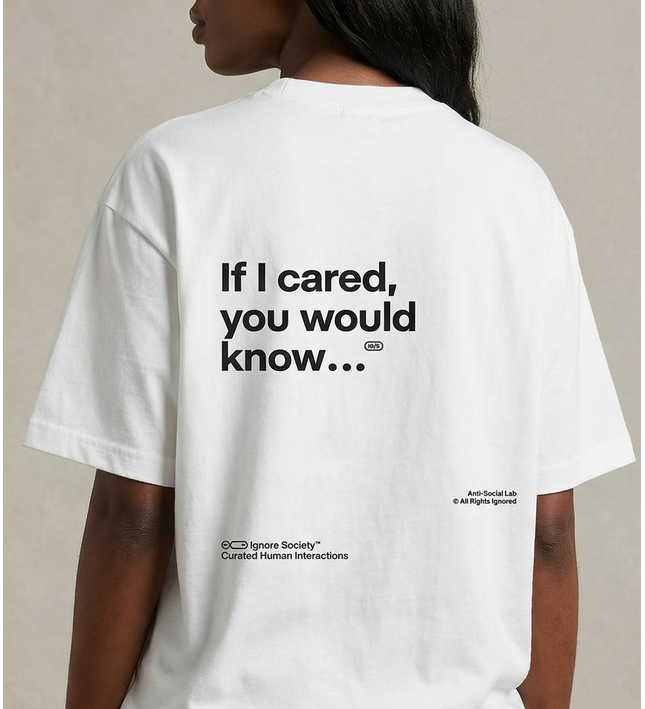 White t-shirt with black text on the back, worn by a person against a neutral background
