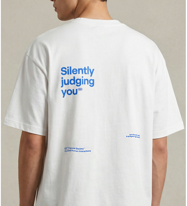 White t-shirt with blue text on the back, worn by a person against a neutral background